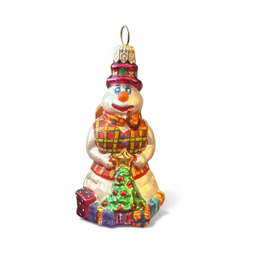 Christopher Radko Snowman W Presents Tree Pipe Gem Christmas Ornament 3.5”